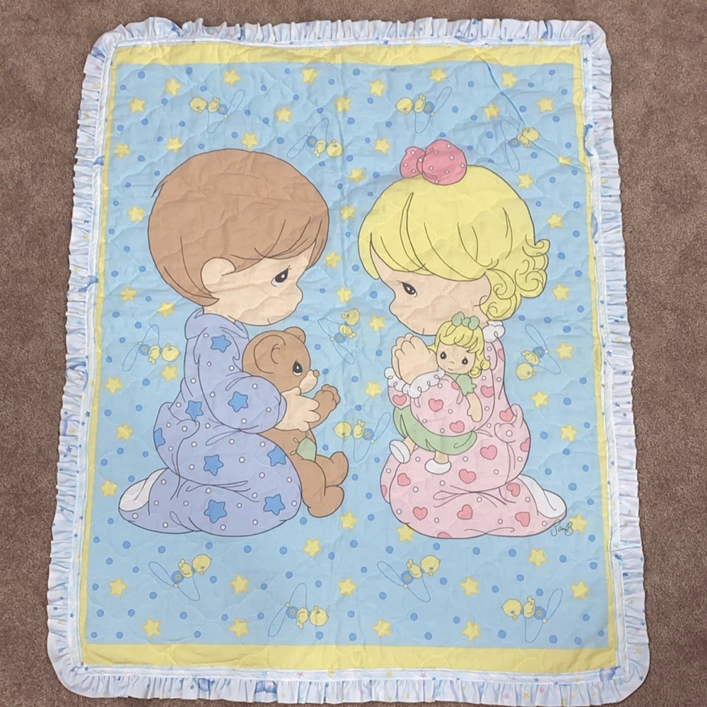 Vintage Precious Moments baby Boy and Girl Pastel Color Print Quilted Blanket